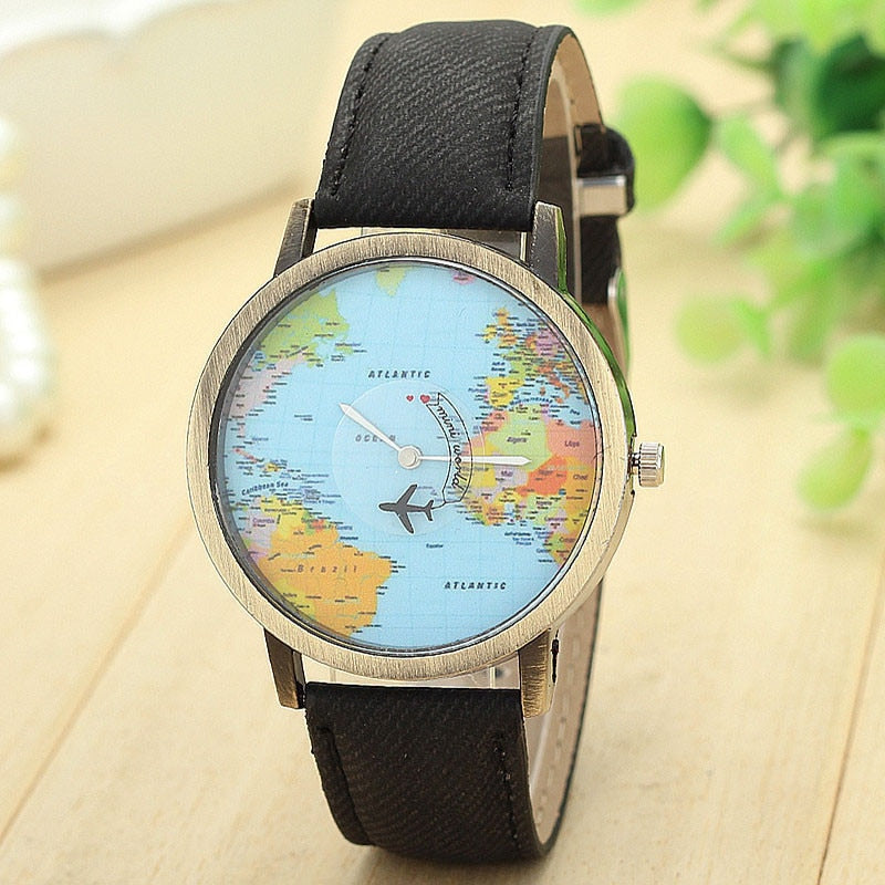 New Global Travel By Plane Map Women Dress Watch Denim Fabric Band Fashionable and simple casual womens leather wristwatches Fi