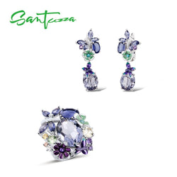 SANTUZZA Handmade 925 Sterling Silver Butterfly Purple Stones Ring Earrings Jewelry Set