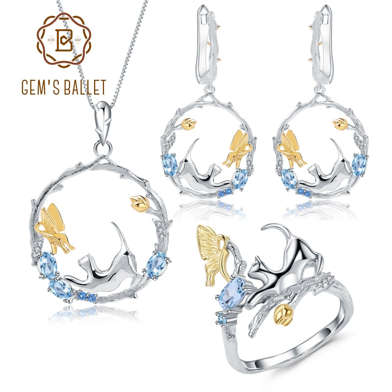 925 Sterling Silver Natural Blue Topaz Cat & Cupid Ring Earrings & Pendant Set for Women