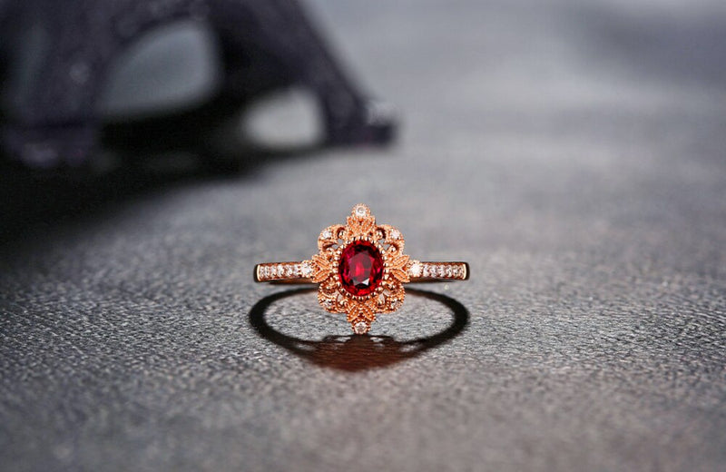 14K Rose Gold Ruby and Diamond Milgrain Engagement Ring for Her