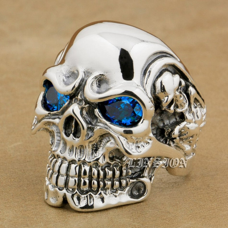 US Solid 925 Sterling Silver Biker Blue CZ Eyes Skull Rock Punk Ring