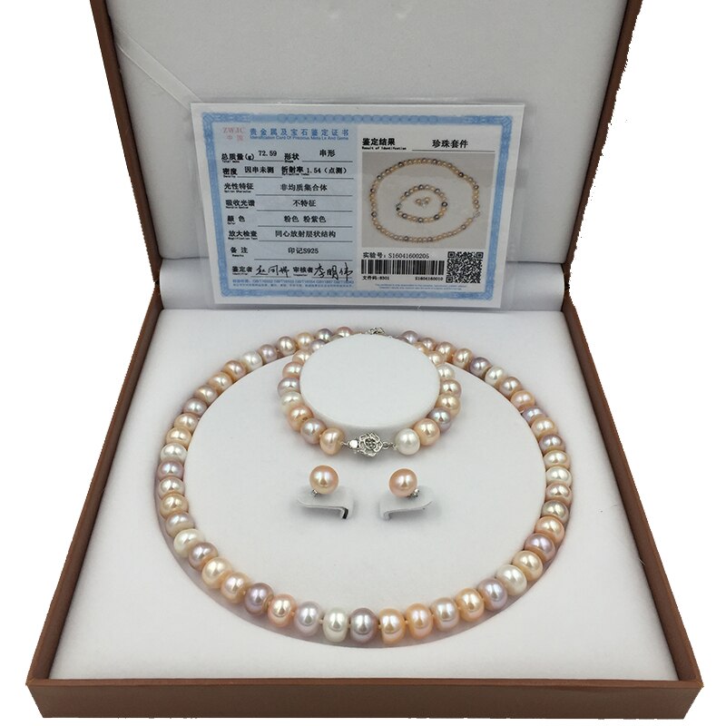 Sinya Natural 10-11mm Pink/Purple/White Pearls Necklace Bracelet & Earrings Jewelry Set