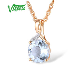 VISTOSO Genuine 14K 585 Rose Gold Radiant Blue Topaz Sparkling Diamond Pendant