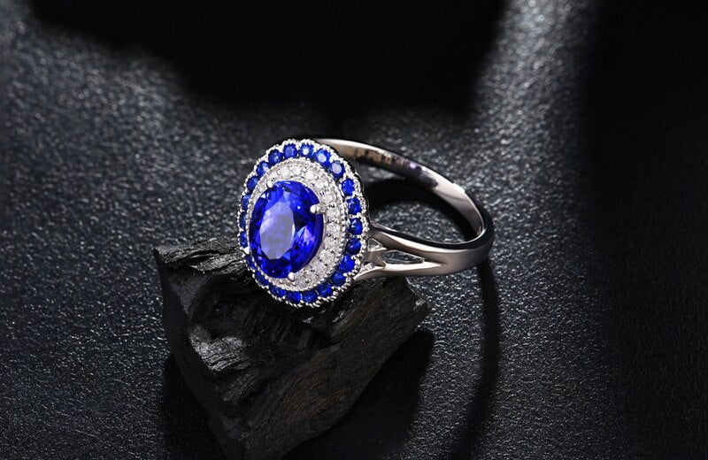 14K White Gold Tanzanite & Diamond Oval Ring for Women