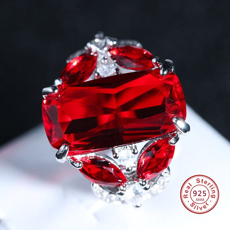 Real 925 Sterling Silver Big Red CZ Stone Ring