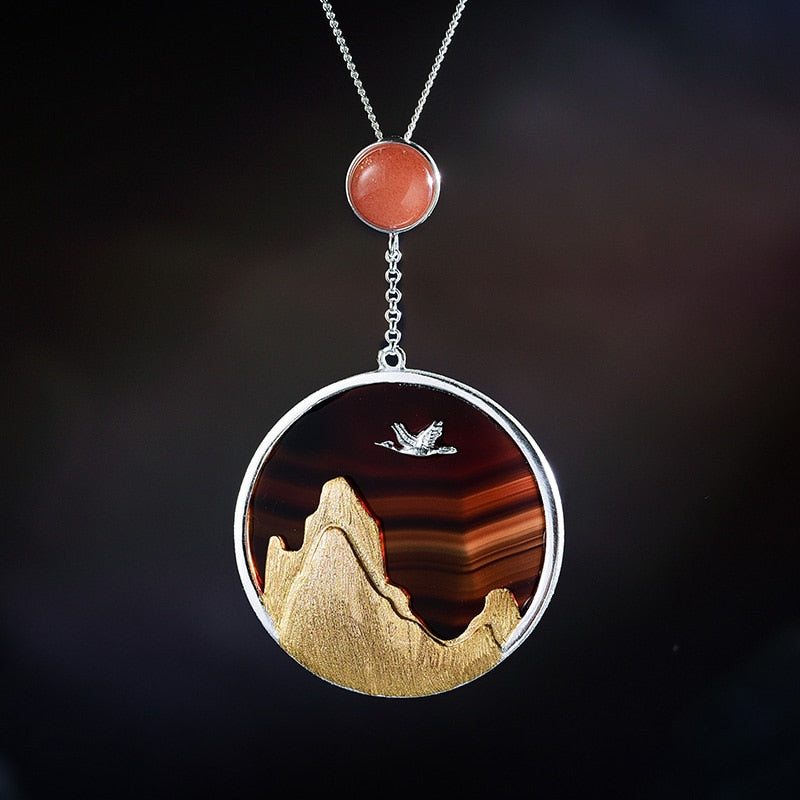 925 Sterling Silver Natural Gemstones Fun Creative Returning Bird in the Sunset Pendant for Her