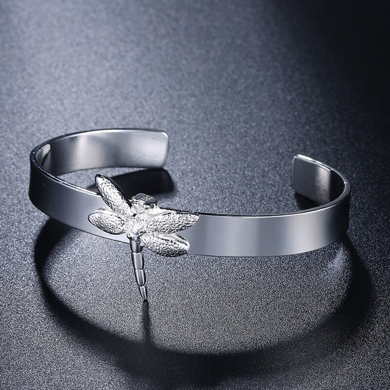 New Fashion 925 Silver Jewelry Set Dragonfly Pendant Necklace Chain Earring Ring Open Cuff Bracelet For Women Fashion Jewelry