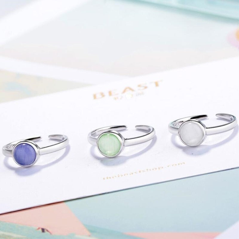 New Fashion Korean Style 925 Sterling Silver Jewelry Personality Sweet Cat Opal Three Colors Simple Round Opening Rings SR364