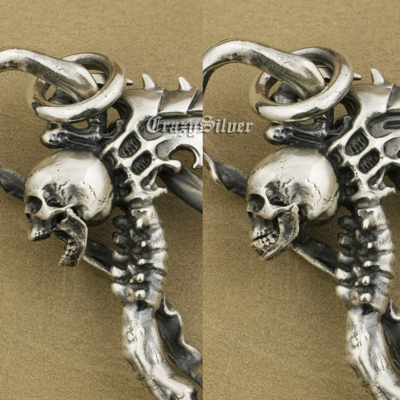 LINSION Heavy 925 Sterling Silver Grim Reaper Skull Biker Rock Punk Pendant