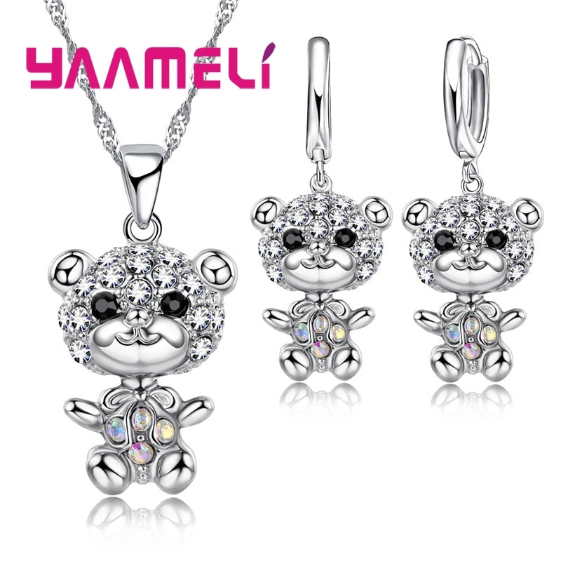 Cool 925 Sterling Silver CZ Stone Animal Bear Charms Necklace Hoop Earring Pendant Jewelry Sets Best Gifts for Female