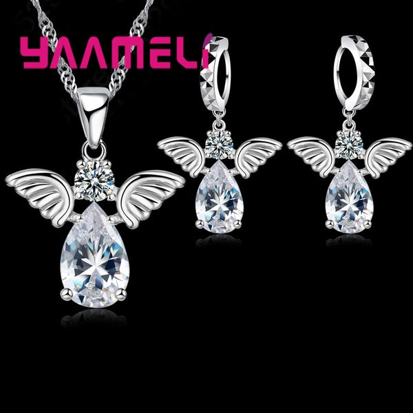 925 Sterling Silver Crystal Angel Pendant Necklace and Earring Set for Lady