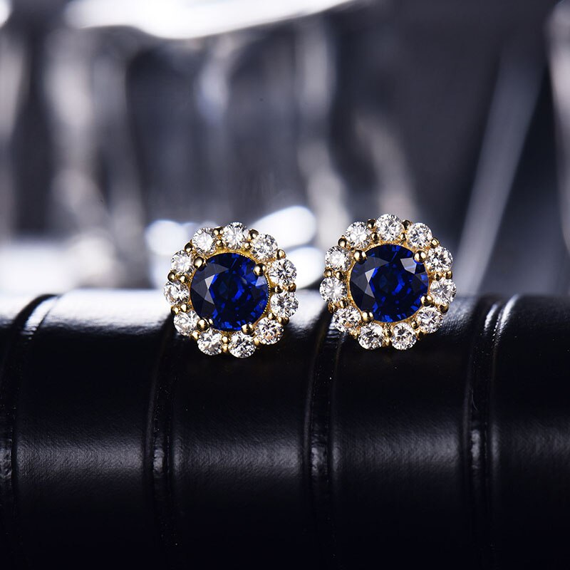 18KT Yellow Gold Sapphire Diamond Stud Earrings for Women