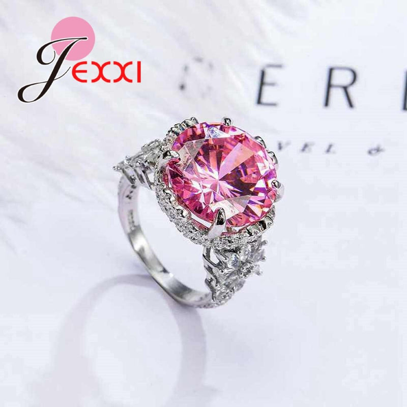 Luxury Big Round Pink Cubic Zirconia Wedding Fine Rings 925 Sterling Silver Women Banquet Party Queen Jewelry Ring