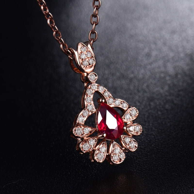 18K Rose Gold Ruby Pendant with Diamond for Women