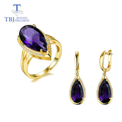 TBJ 925 Sterling Silver Natural African Amethyst Pear cut Ring & Earrings Jewelry Set