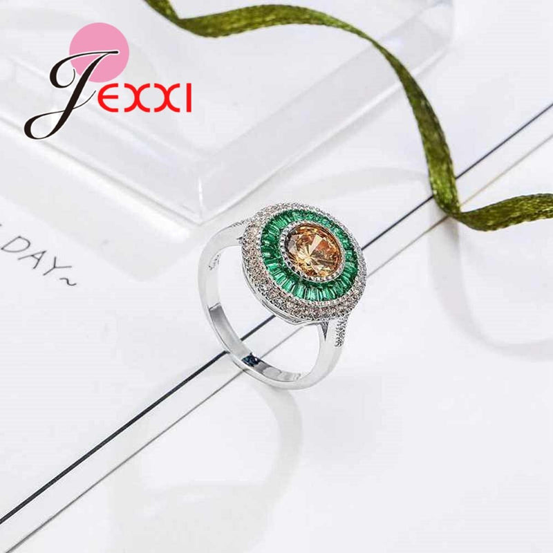 Fashoin Green & Champagne Cubic Zirconia Round Finger Rings 925 Sterling Silver Jewelry for Women Girls Wedding Bague