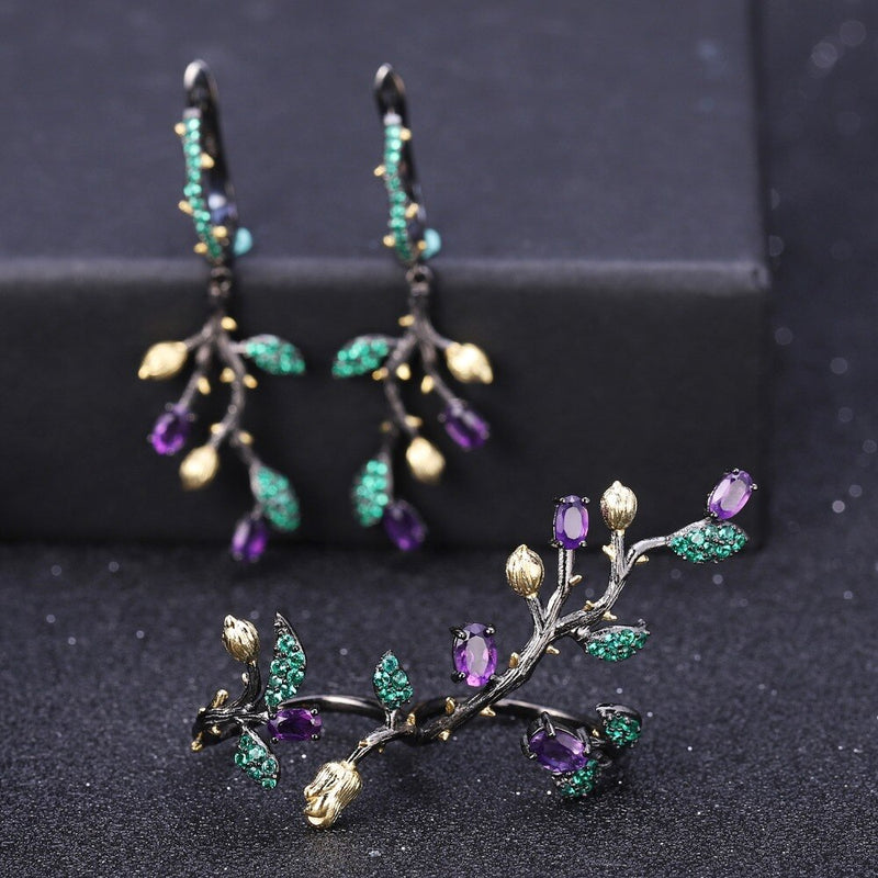 Sterling Silver Amethyst Cocktail Ring and Earrings Set for Women