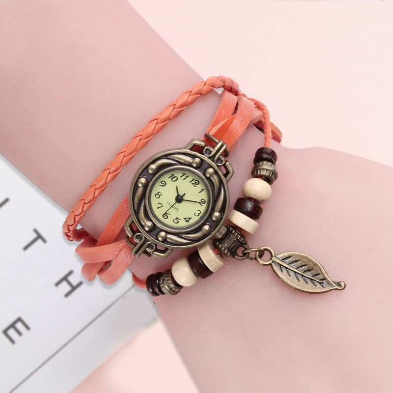 Vintage High-Quality Multicolor Leather Quartz Bracelet Watch for Women