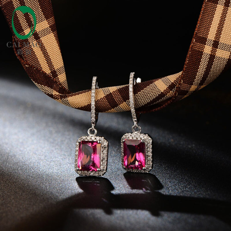 14KT White Gold Good Pink Topaz Diamond Dangle Earrings for Women