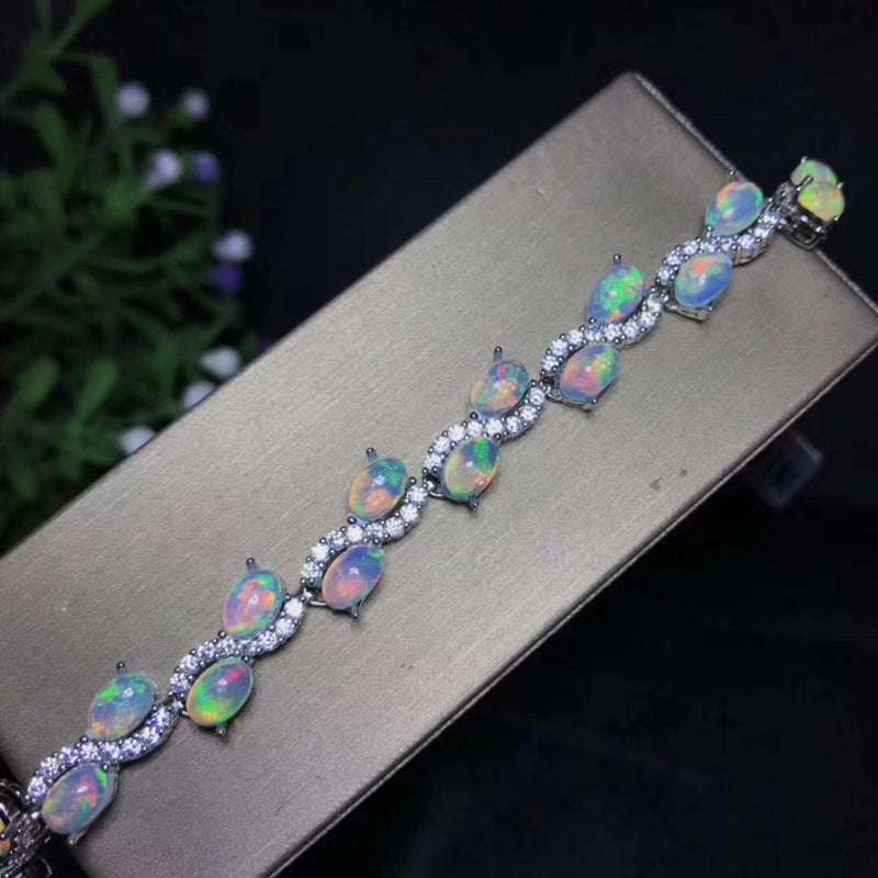 Pure Silver Natural Opal Mosaic-Style Bracelet for Women