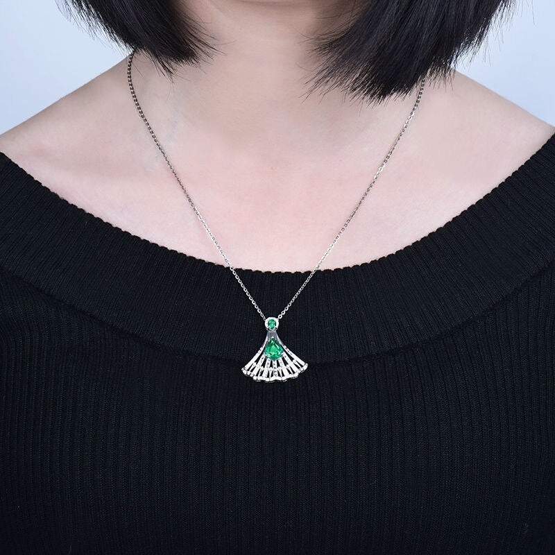 14K White Gold Emerald Fan Shape Pendant Necklace for Women