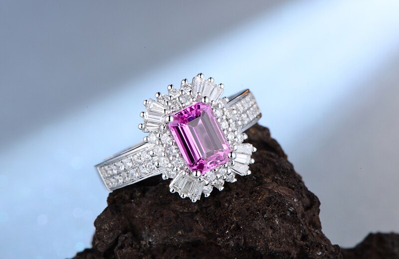 14K White Gold Pink Sapphire and Diamond Engagement Ring.