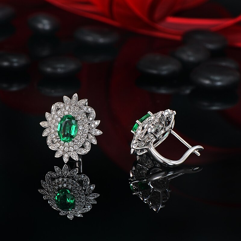 14k White Gold Emerald Diamond Earrings for Women