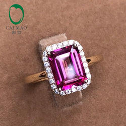 14k Yellow Gold Emerald Cut Pink Topaz Halo Diamond Engagement Ring for her