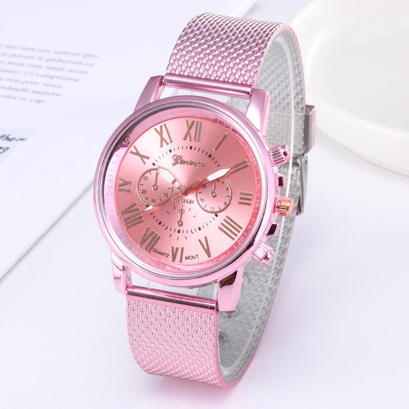 Foloy High-Quality Digital Geneva Roman Numerals Faux Leather Analog Quartz Ladies Watch