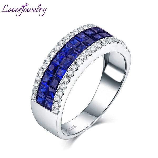 14K White Gold Blue Princess Sapphire Diamond Ring for Women