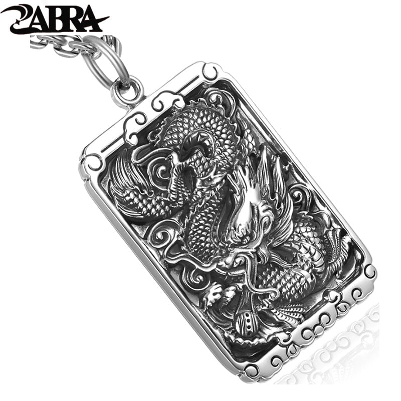 ABRA 925 Sterling Silver 45*30mm Luxury Dragon Square & Carved Buddhism Letters Biker Pendant