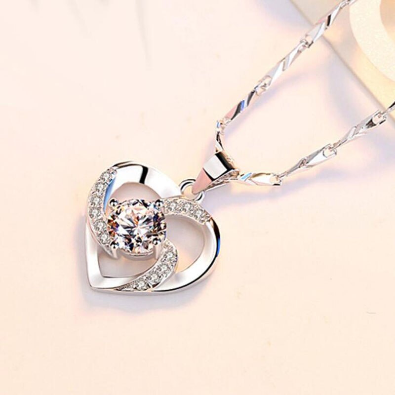 KOFSAC 925 Sterling Silver Luxury Crystal CZ Heart Pendant Choker Necklace