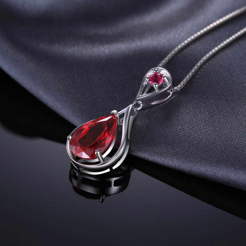 925 Sterling Silver Water Drop Red Ruby 3.8 ctw Pendant Necklace for Women