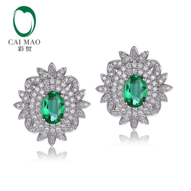 14k White Gold Emerald Diamond Earrings for Women