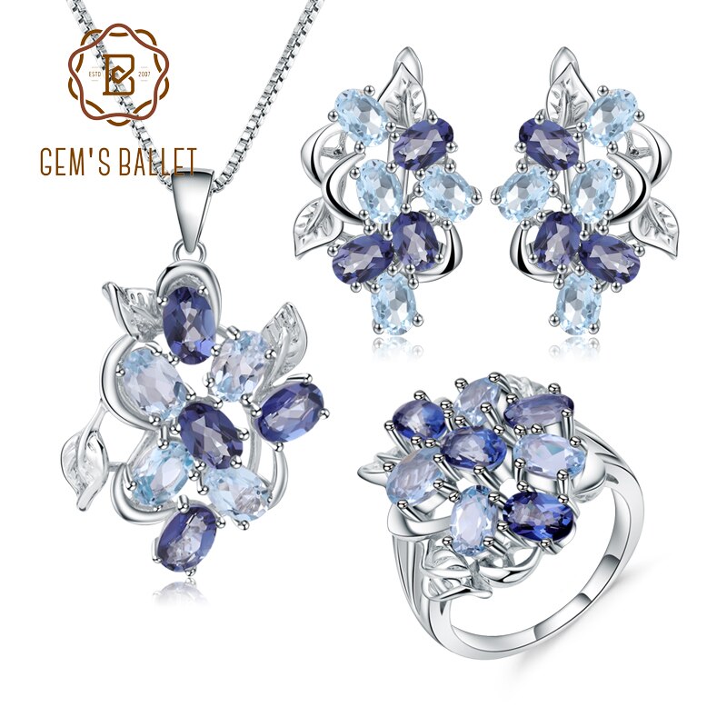 GEMS BALLET 925 Sterling Silver Natural Sky Blue Topaz/ Mystic Quartz Ring Earrings & Pendant Jewelry Set