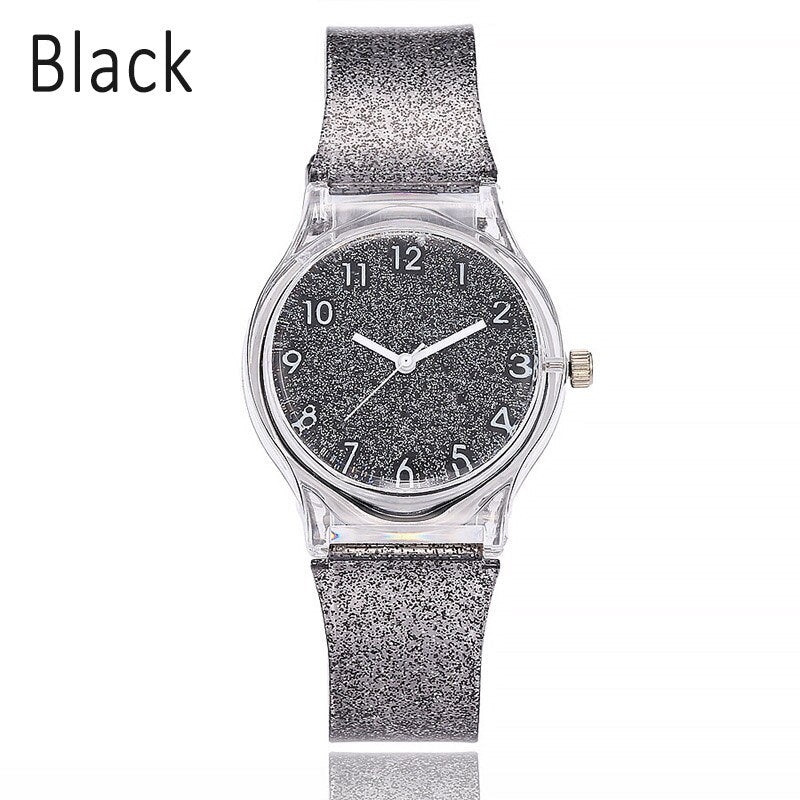 Stainless Steel Quartz Watch with Silicone Strap and Glitter Dial for Women