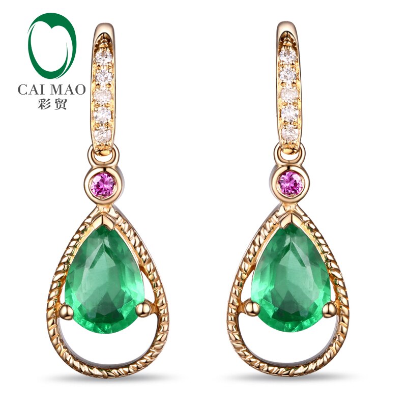 14k Yellow Gold Emerald & Diamond Pink Sapphire Engagement Earrings for Women