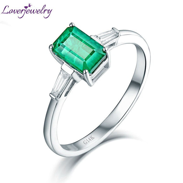 14K White Gold Emerald and Diamond Baguette Ring for Women