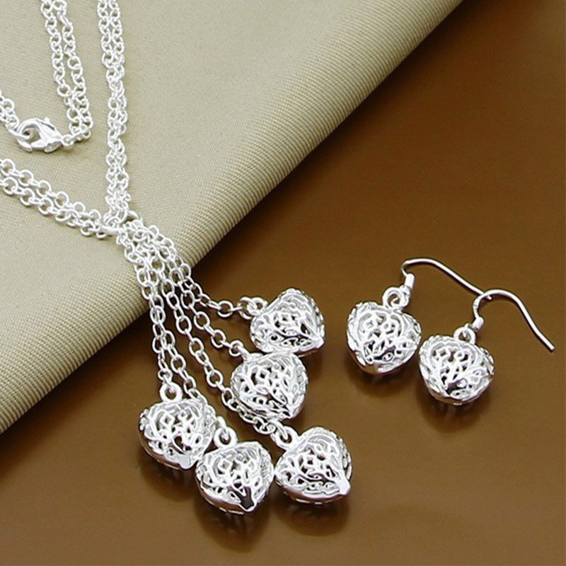 Sterling Silver Heart Tassel Necklace and Earring Set for Women