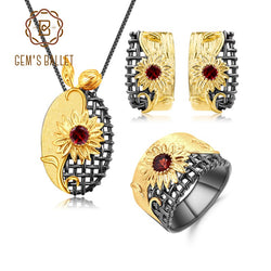 GEMS BALLET 925 Sterling Silver Vintage Sunflower 1.07Ct Red Garnet Ring Earrings & Pendant Jewelry Set