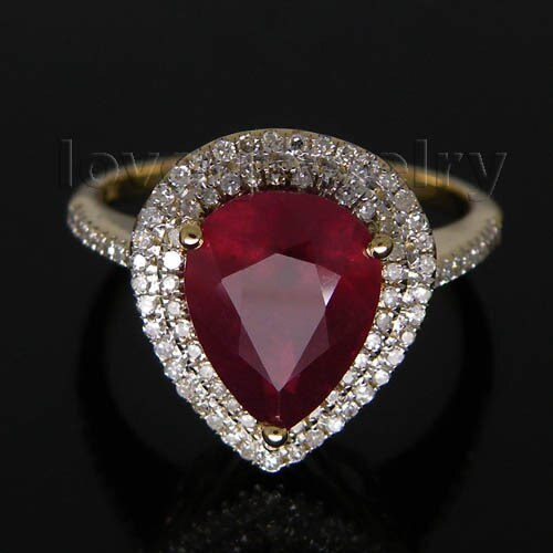 14K Yellow Gold Ruby and Diamond Pear Cut Ring for Her