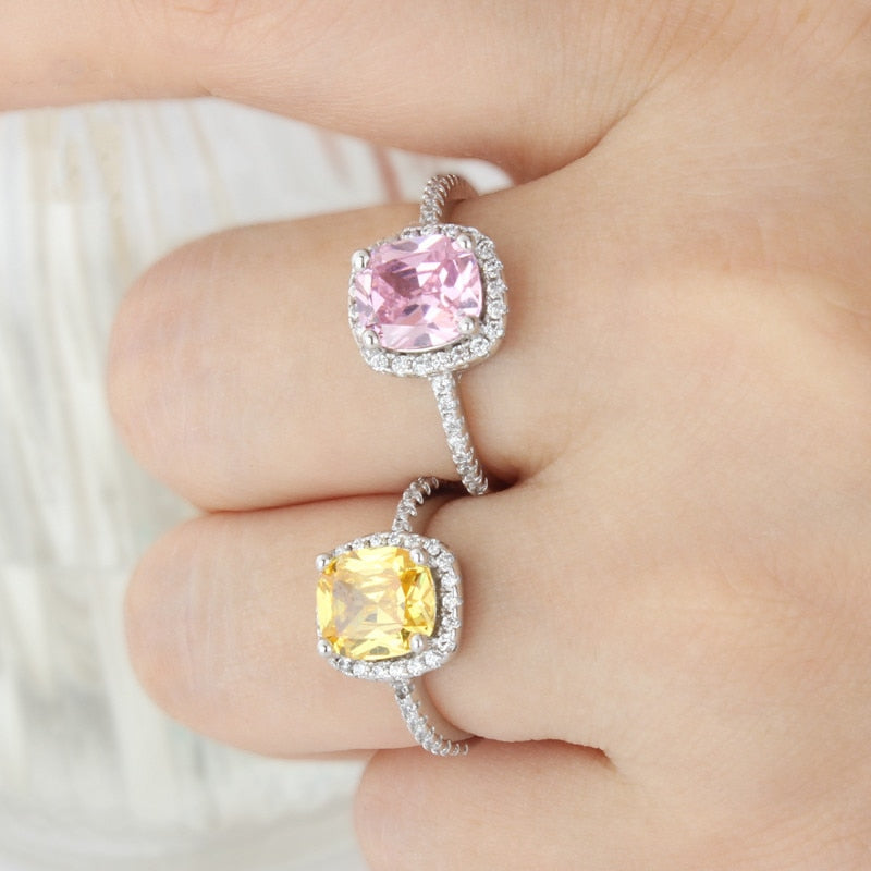 CC Rings For Women 925 Silver Bridal Wedding Cubic Zirconia Rectangle Pink/Yellow Stone Engagement Ring Bijoux Femme CC596