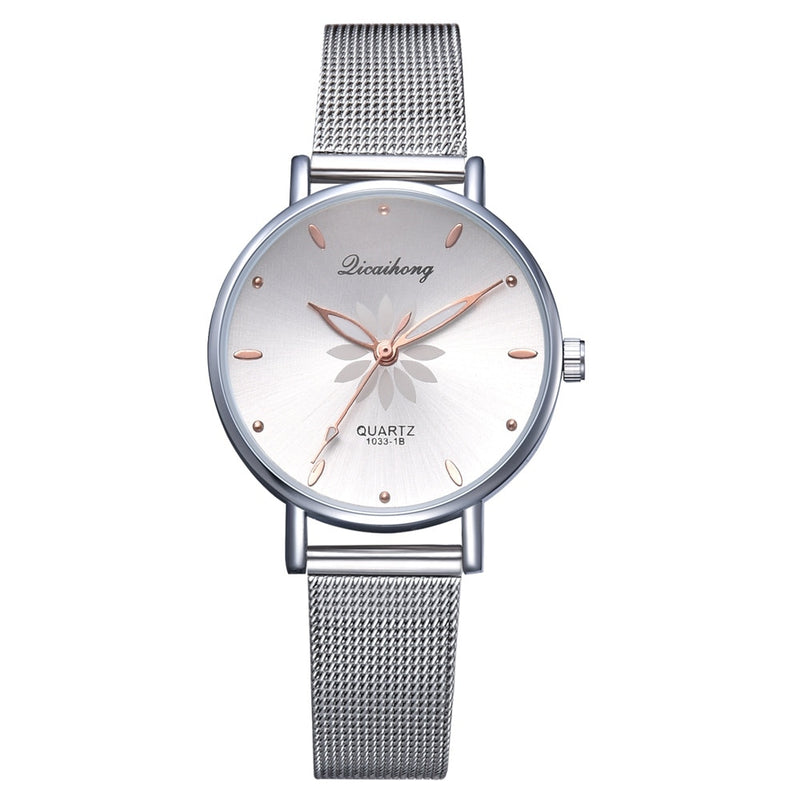 Luxury Women Flower Dial Metal Bracelet Quartz Watch