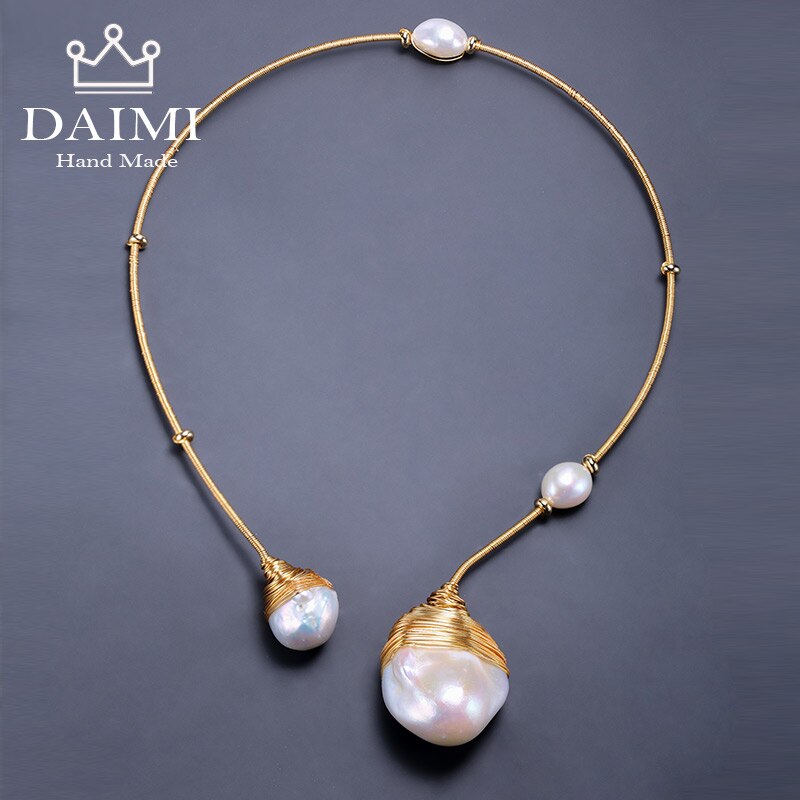 DAIMI Gold & Pearl Collar Baroque Design Torques Necklace 41-43cm
