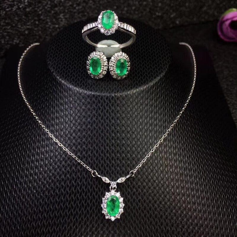 Sterling Silver Columbian Emerald Ring Earrings & Necklace Jewelry Set for Women