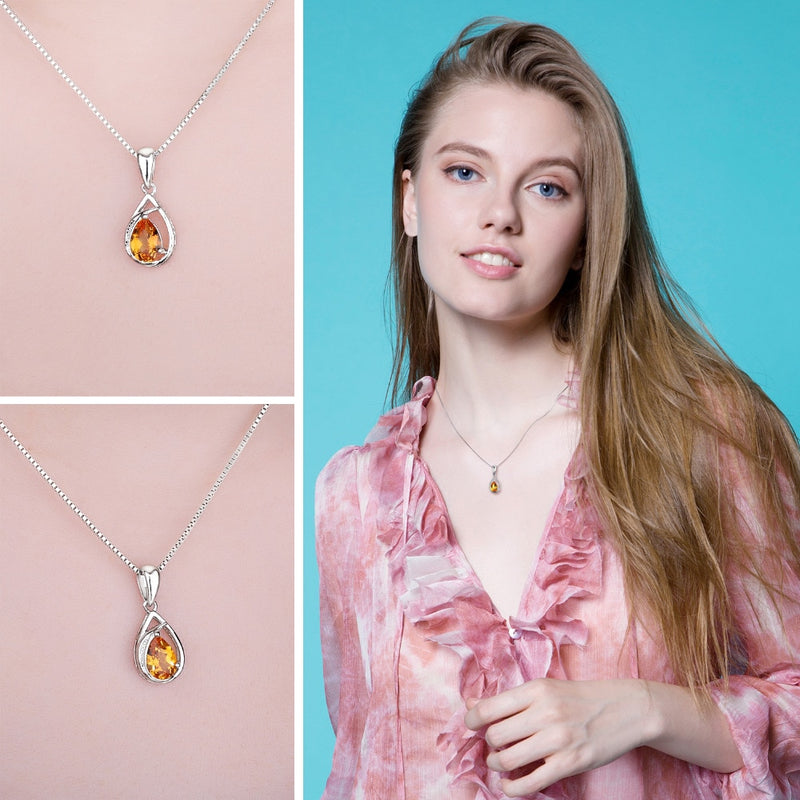 Sterling Silver Pear Created Orange Sapphire Pendant for Woman