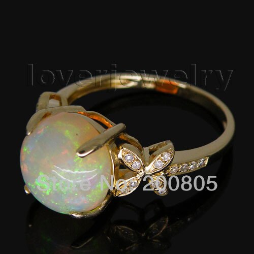 FANTASY 14K Yellow Gold Natural10mm Round Opal Diamond Ring