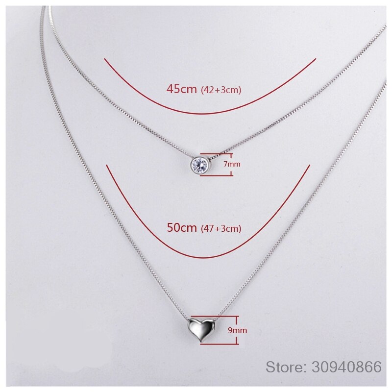 925 Sterling Silver Double Layers Collarbone CZ Love-heart Pendant Chain Necklace