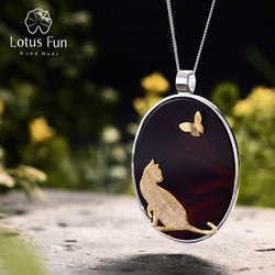 925 Sterling Silver Natural Agate Cat and Butterfly Pendant for Women