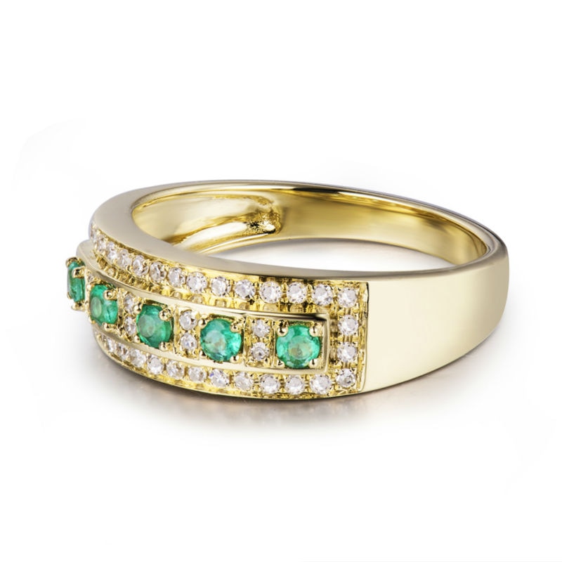 LOVERJEWELRY Solid 18K Gold Green Emerald Natural Diamonds Ring